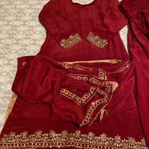 Maroon Pure Dasheen Fabric Indian 3 Piece Salwar Suit
